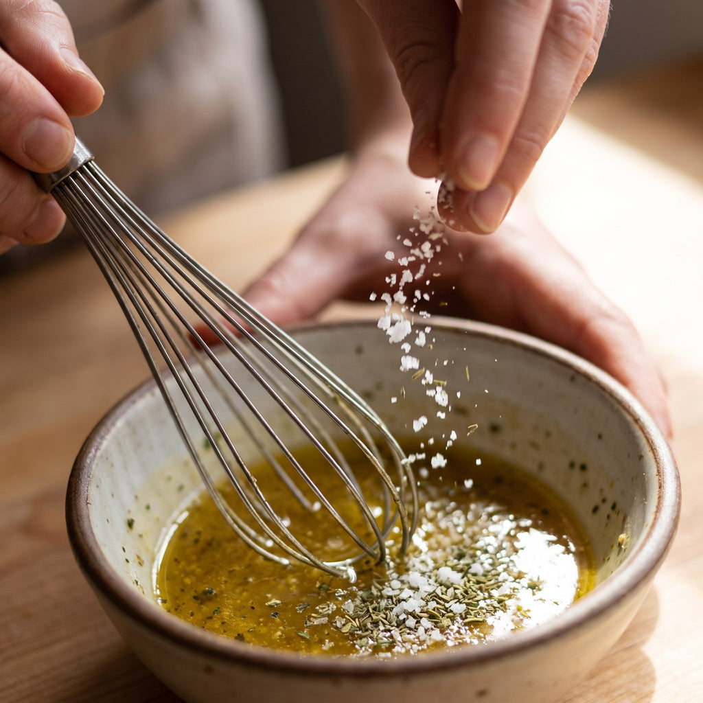 Ajout de Sel du Pèlerin dans un bol de marinade aux herbes et à l'huile mélangée à l'aide d'un fouet