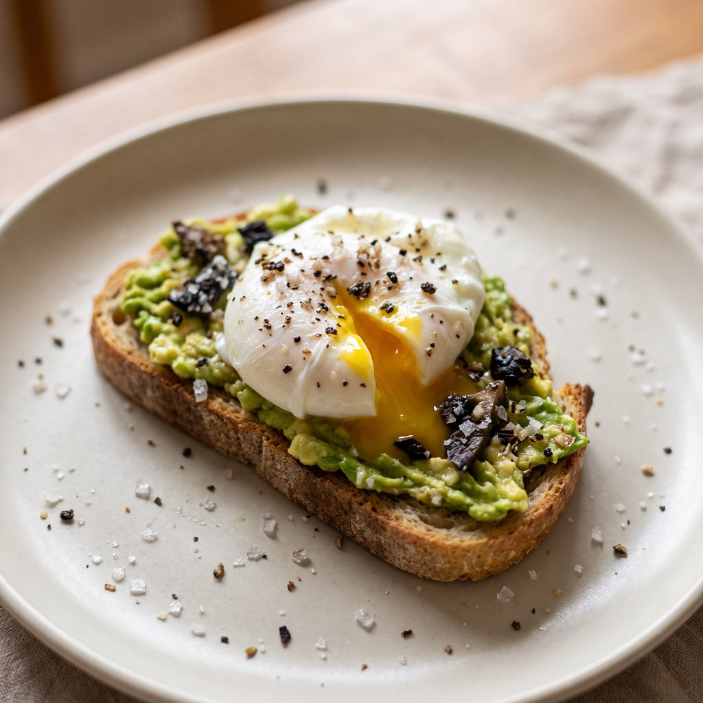 Toast à l’avocat garni d’un œuf poché et de flocons de Sel UMAMI de la Montagne sur assiette claire