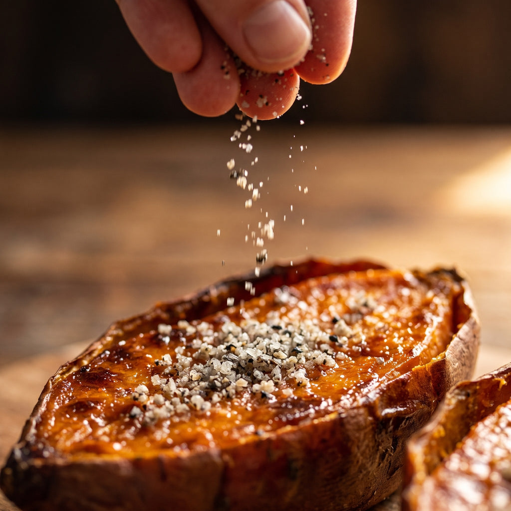 Sel UMAMI de la Montagne saupoudré sur une tranche de viande grillée, en gros plan sur fond de bois