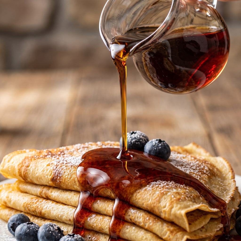 Sirop d’érable versé sur des crêpes roulées avec bleuets, sur une table de bois rustique