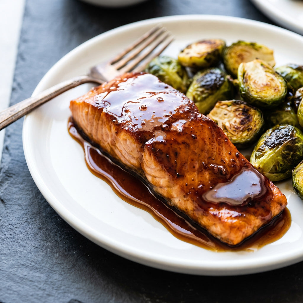Filet de saumon nappé de sirop d’érable, servi avec choux de Bruxelles rôtis sur une assiette blanche