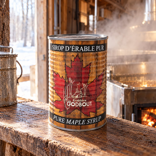 Boîte de sirop d’érable pur Érablière Godbout posée sur une table de bois dans une cabane à sucre