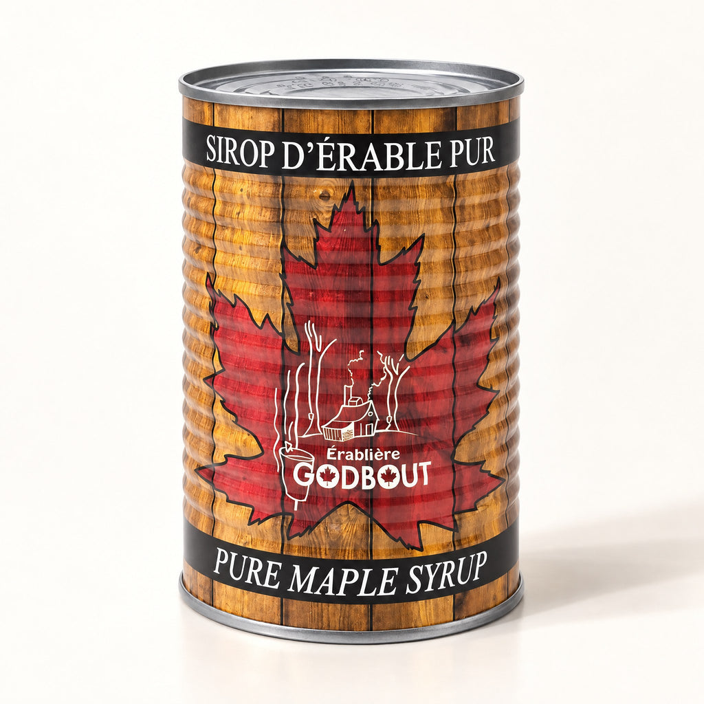 Boîte de sirop d’érable pur Érablière Godbout à motif de bois et feuille d’érable rouge sur fond crème