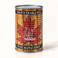 Boîte de sirop d’érable pur Érablière Godbout à motif de bois et feuille d’érable rouge sur fond crème