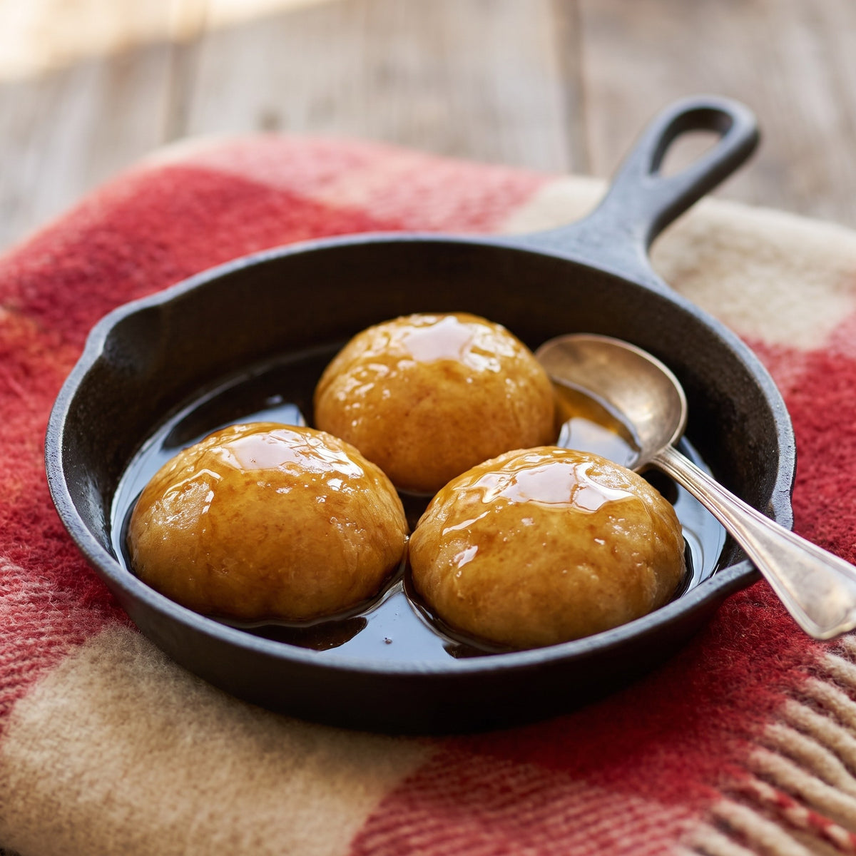 Trois boulettes dorées nappées de sirop d’érable pur dans une poêle en fonte, avec une cuillère
