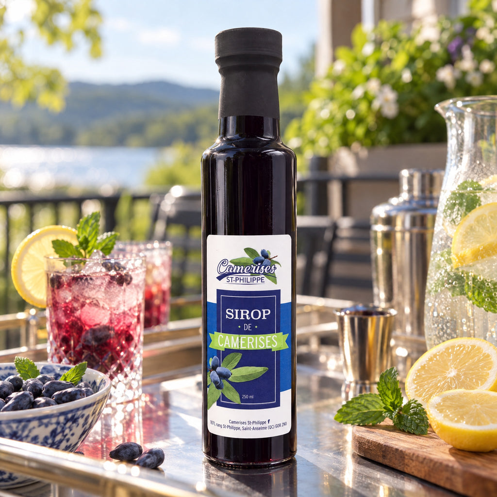 Bouteille de sirop de camerises au centre d’une table extérieure avec verres, citrons et camerises