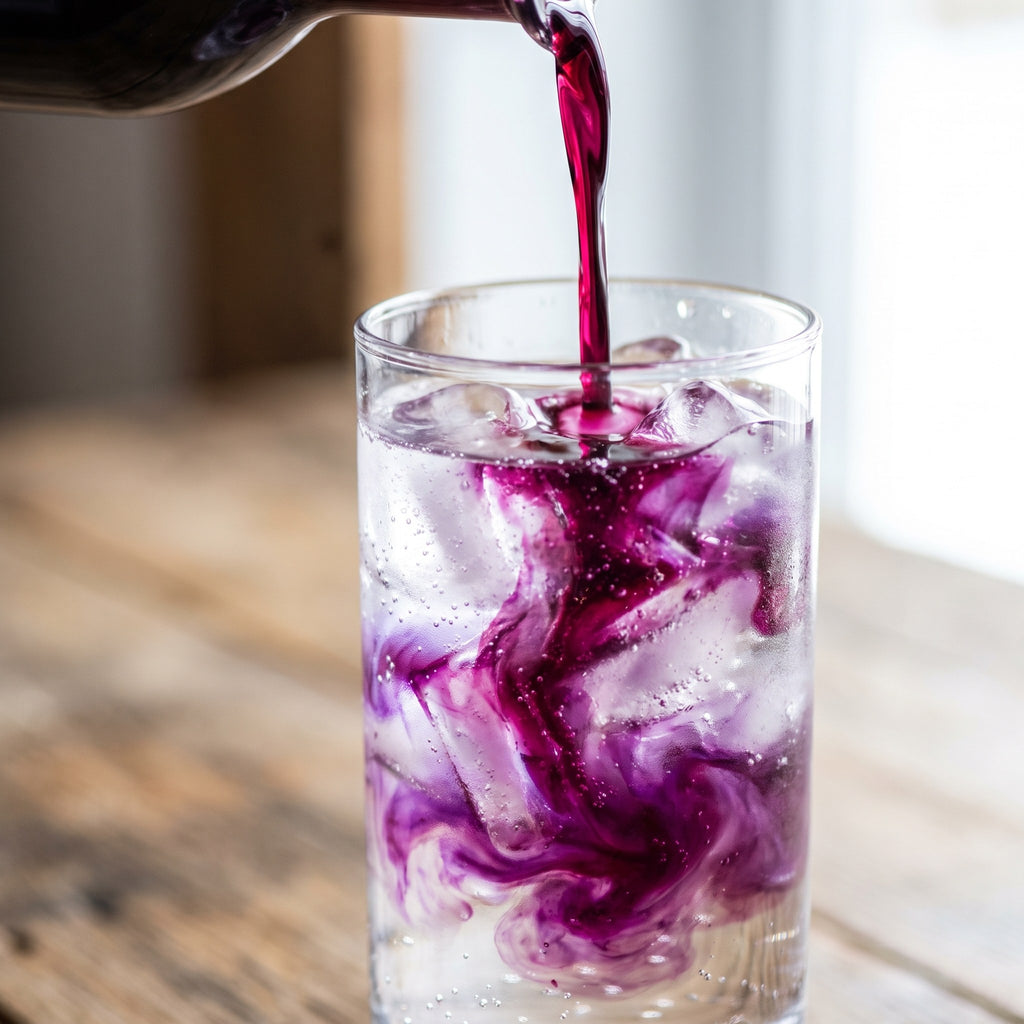 Sirop de camerises versé dans un verre d’eau glacée, avec tourbillons violets et table de bois