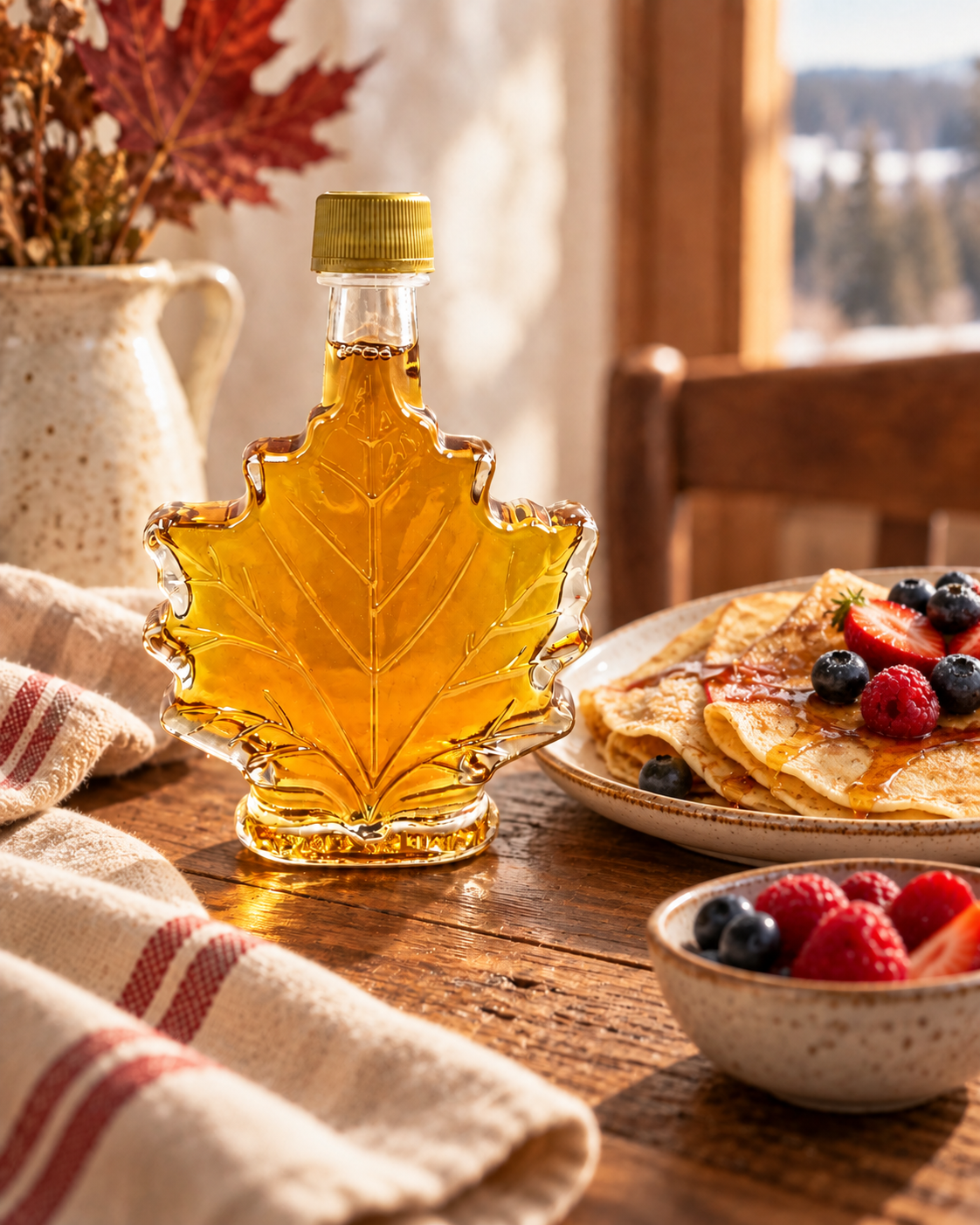Bouteille de sirop d'érable en forme de feuille sur une table de bois, avec des crêpes et des petits fruits