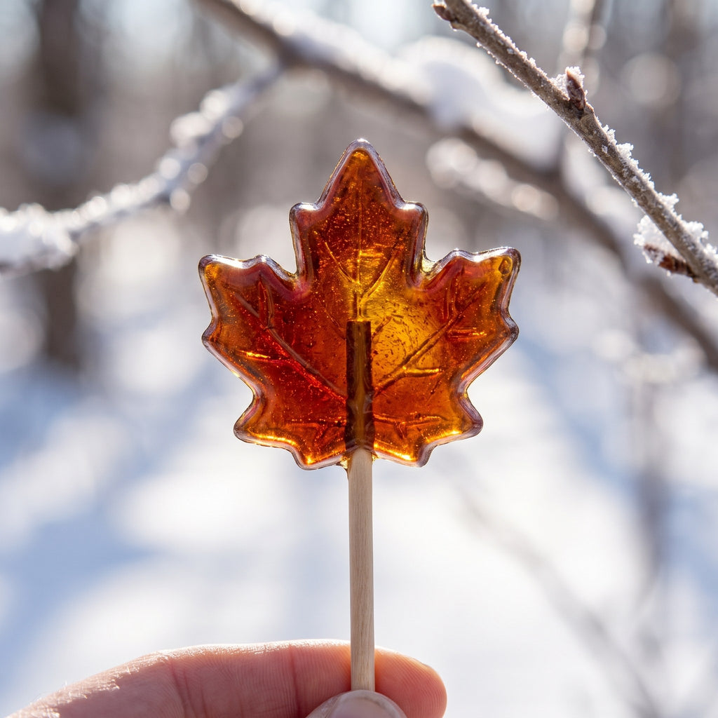 Suçon à l’érable en forme de feuille, tenu entre les doigts, devant des branches enneigées en hiver