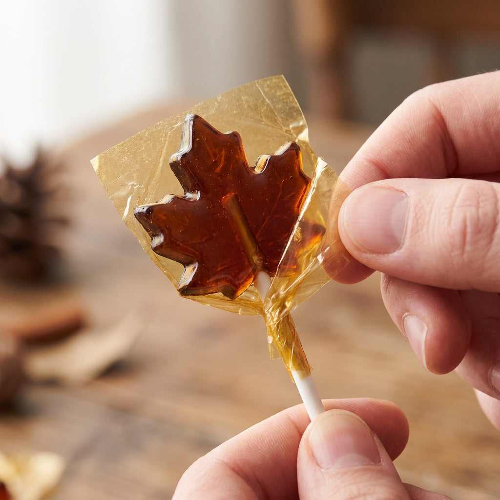 Suçon à l’érable en forme de feuille, tenu entre deux doigts dans un papier doré sur une table de bois