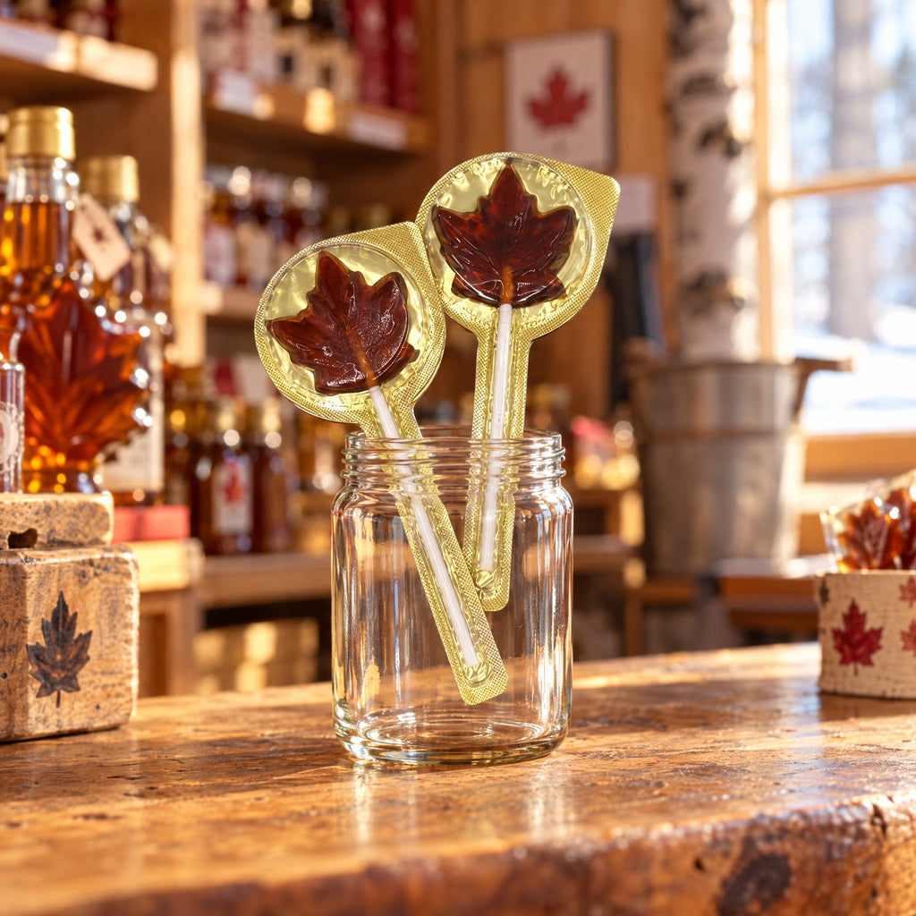 Sucettes à l’érable en forme de feuille, présentées dans un pot en verre sur une table de bois dans une boutique gourmande