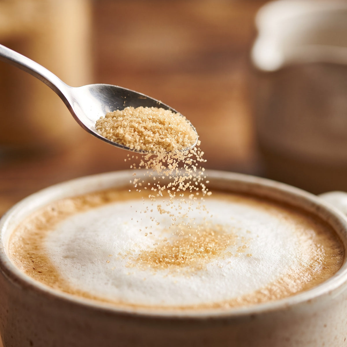 Sucre d'érable saupoudré d’une cuillère sur un café latté mousseux dans une ambiance chaude et rustique