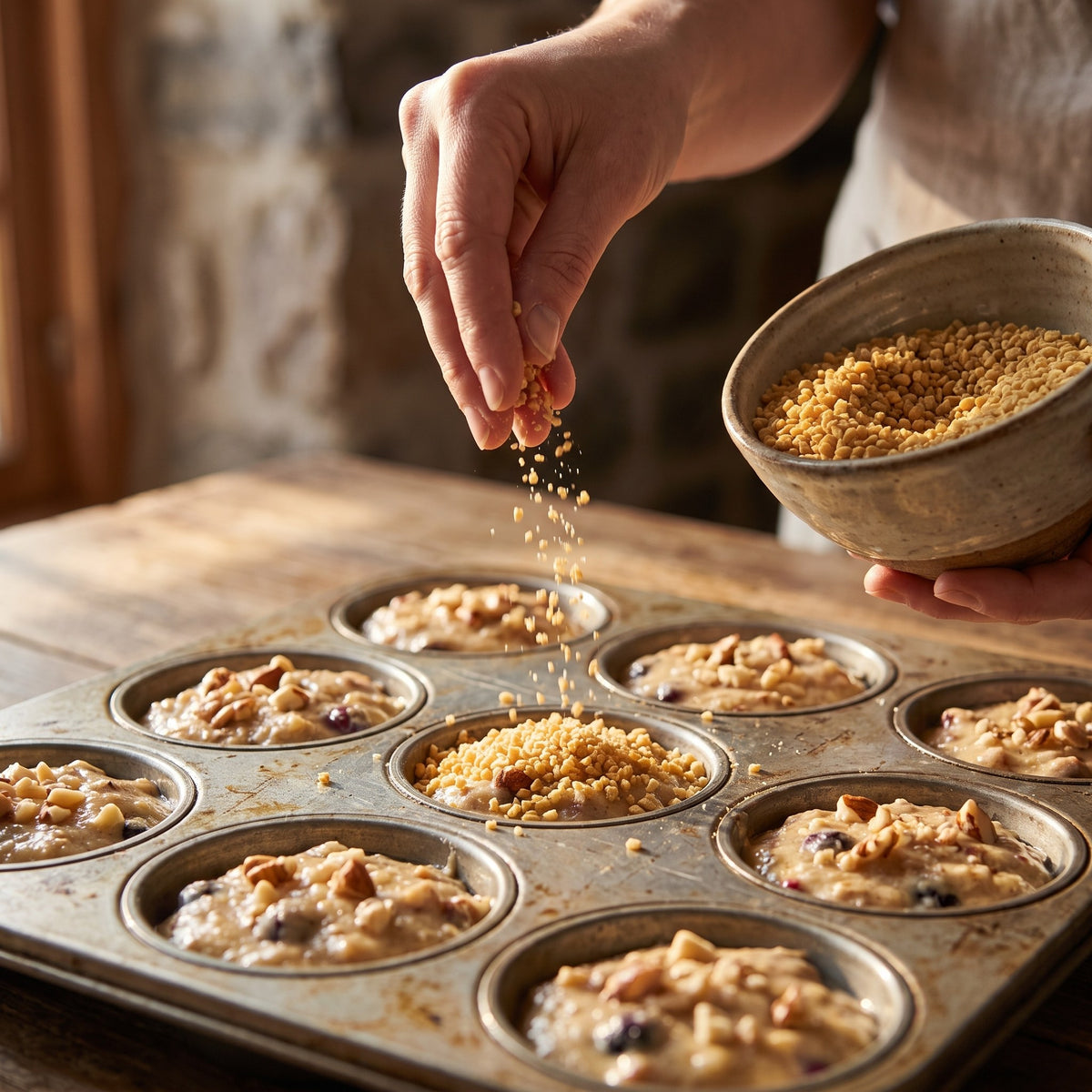 Sucre d’érable en pépites saupoudré sur des muffins au four, dans un moule à petits gâteaux sur table de bois