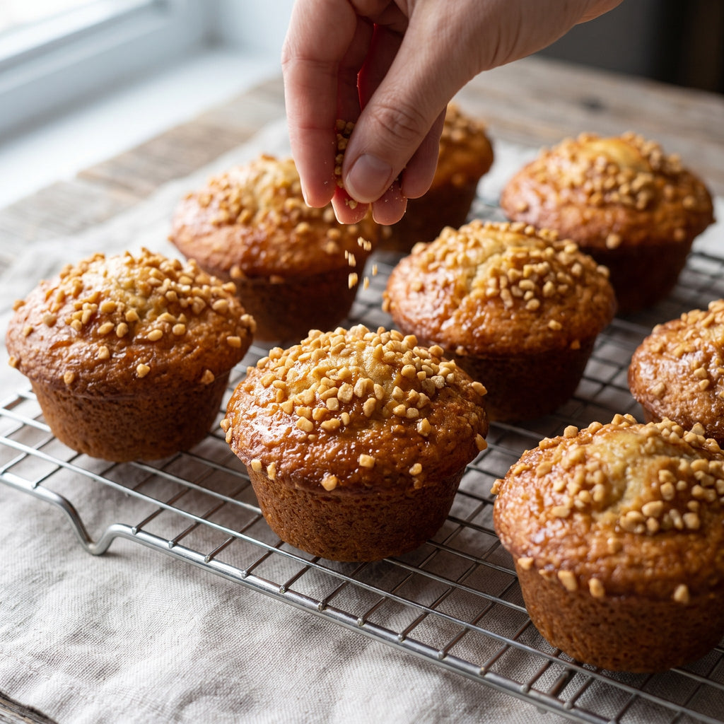 Muffins dorés garnis de sucre d’érable en pépites, déposés sur une grille et saupoudrés à la main