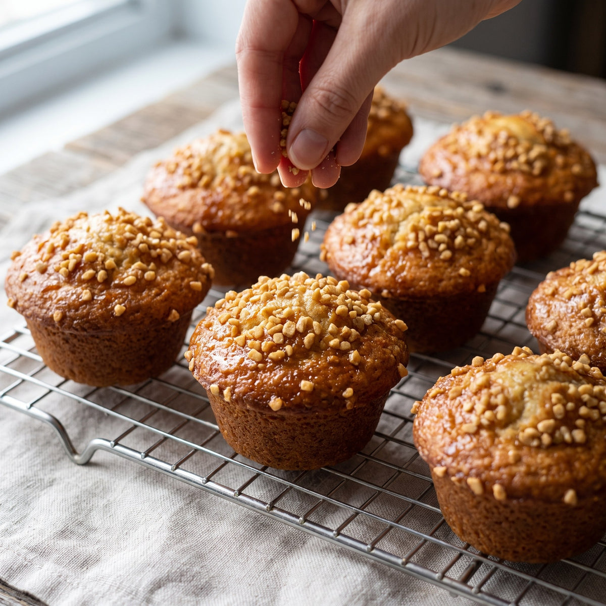 Muffins dorés garnis de sucre d’érable en pépites, déposés sur une grille et saupoudrés à la main