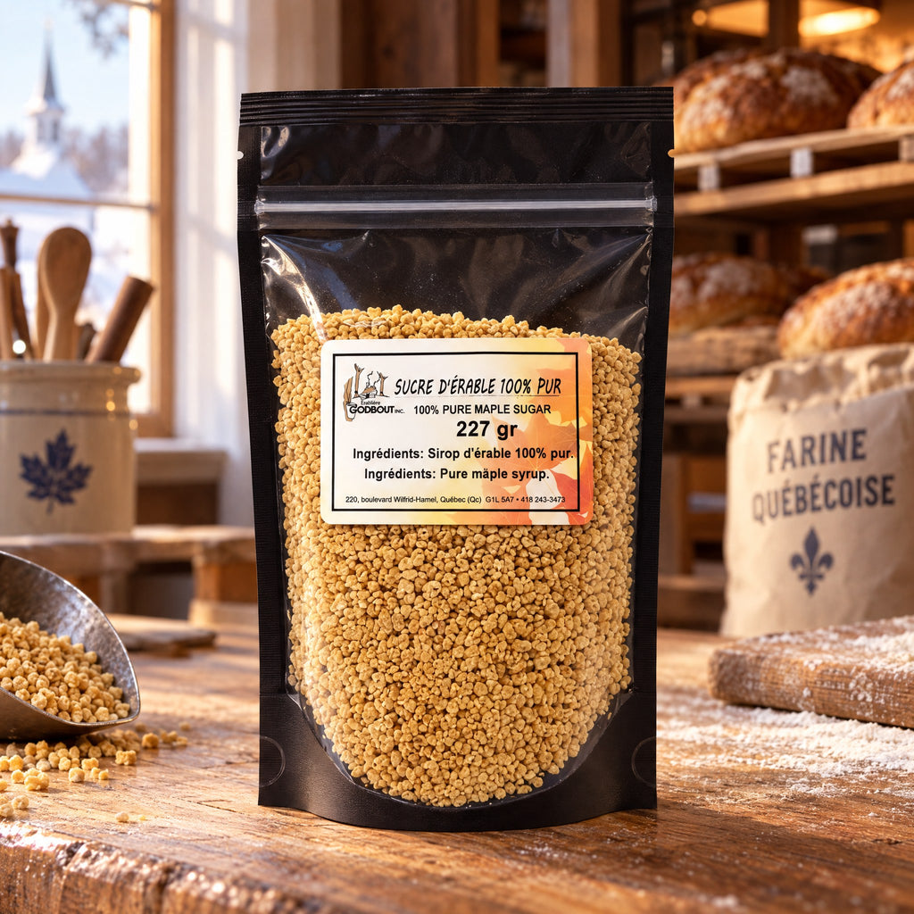 Sac de sucre d’érable en pépites posé sur une table en bois, dans une boulangerie avec pain et farine québécoise