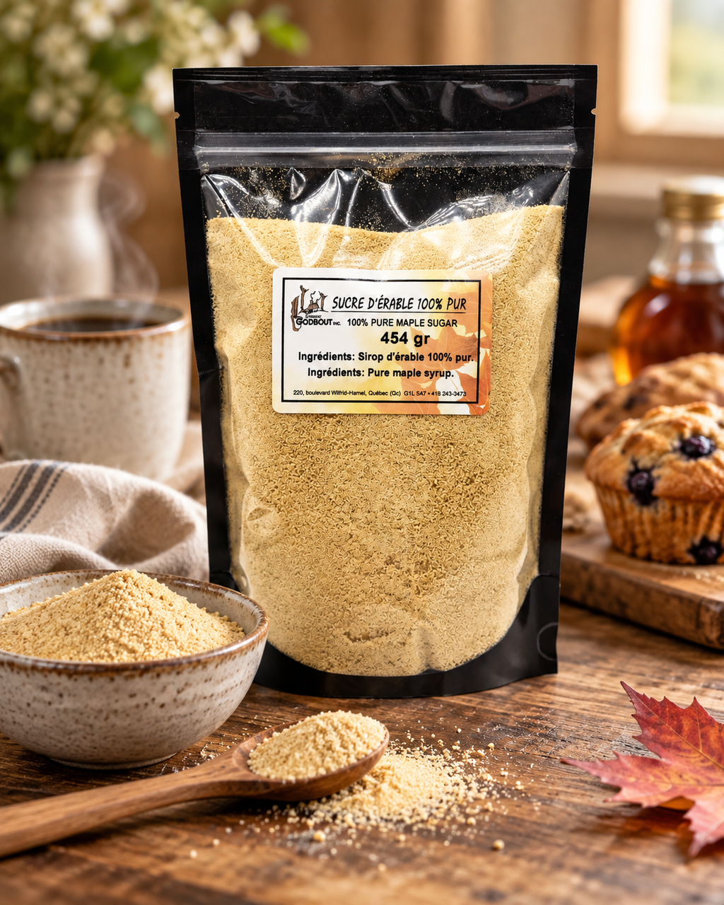 Sachet de sucre d'érable fin de 454 g posé sur une table de cuisine