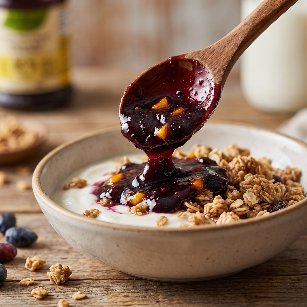 Tartinade camerise, pêche et argousier versée sur du yogourt avec granola dans un bol en céramique