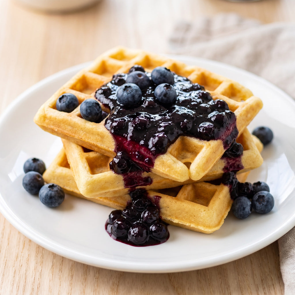 Tartinade croque bleuet servie sur des gaufres dorées, avec bleuets frais et coulée généreuse sur une assiette blanche