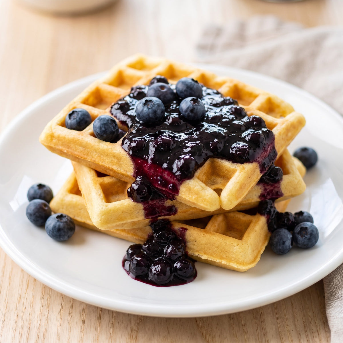 Tartinade croque bleuet servie sur des gaufres dorées, avec bleuets frais et coulée généreuse sur une assiette blanche