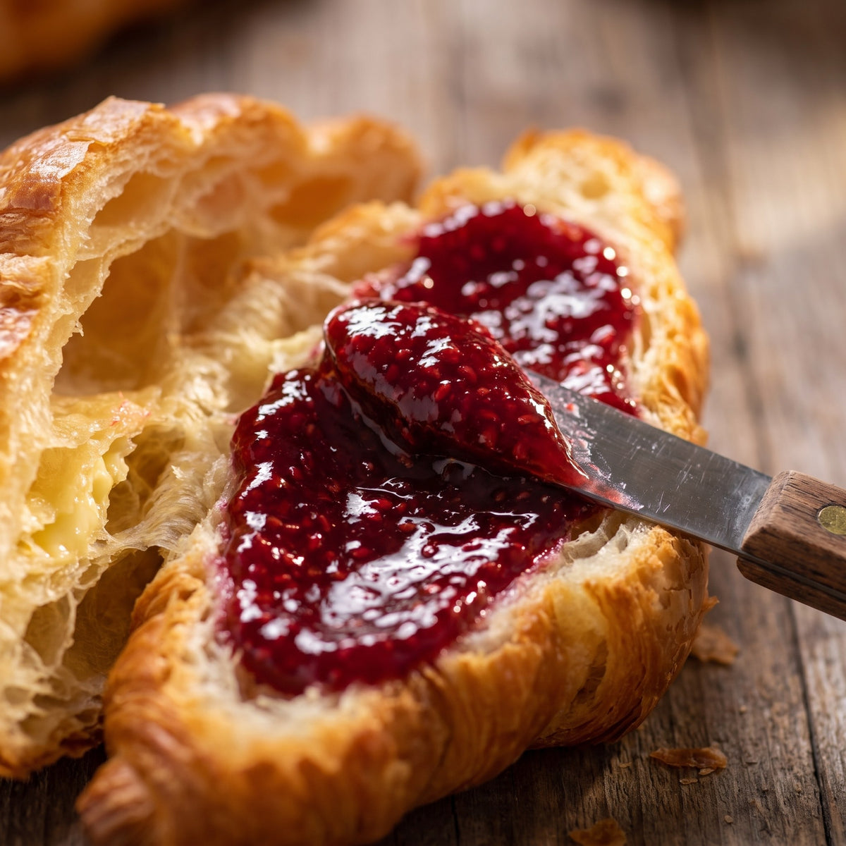 Tartinade croque framboise étalée sur un croissant feuilleté, avec couteau sur table de bois