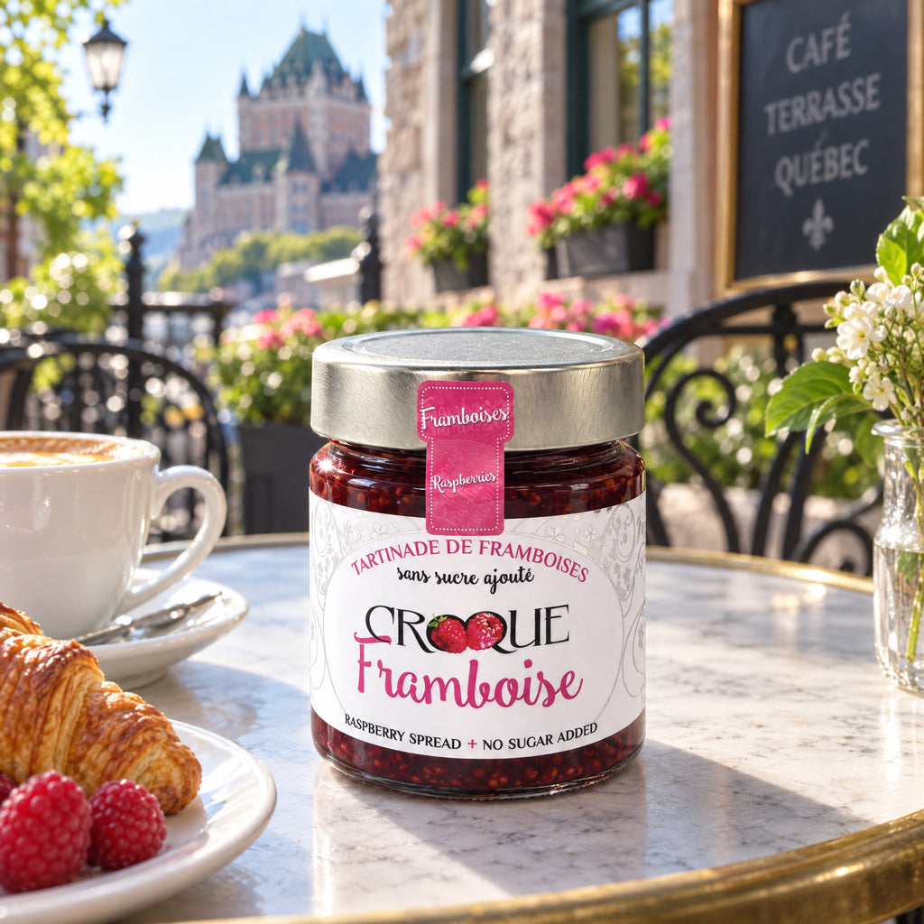 Tartinade croque framboise en pot sur une table de café avec croissant, café et vue sur le Château Frontenac