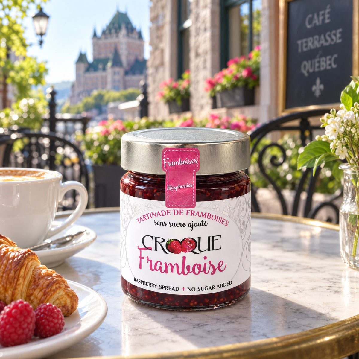 Tartinade croque framboise en pot sur une table de café avec croissant, café et vue sur le Château Frontenac