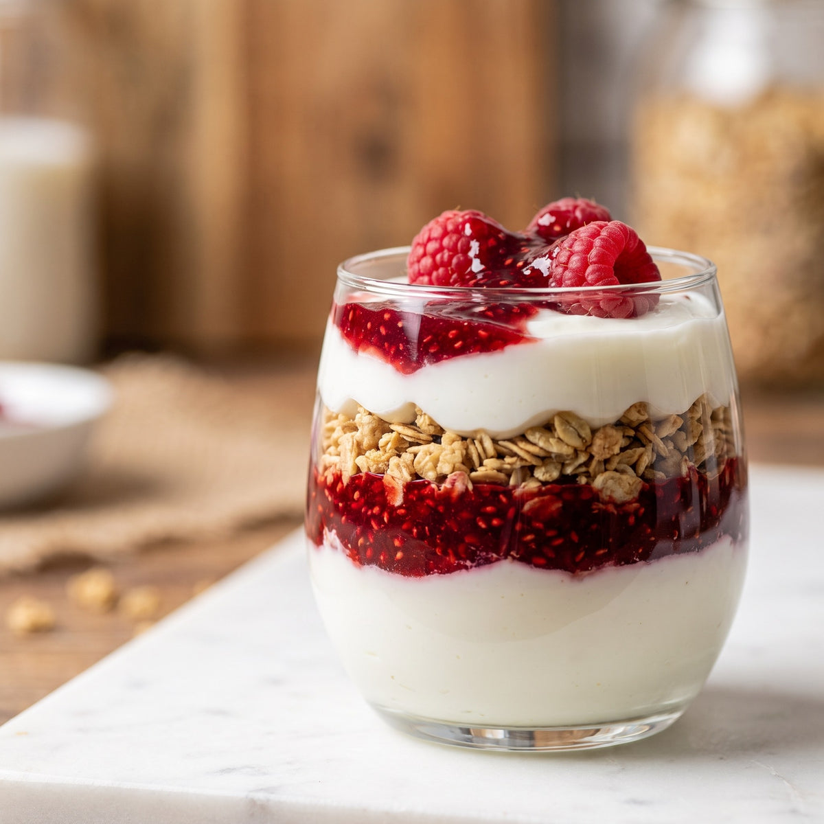 Verre garni de tartinade croque framboise avec yogourt, granola et framboises sur un comptoir clair