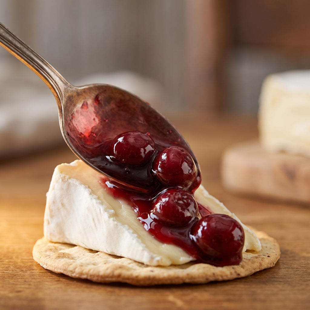 Cuillère versant de la tartinade de griottes sur un morceau de fromage brie coulant déposé sur un craquelin