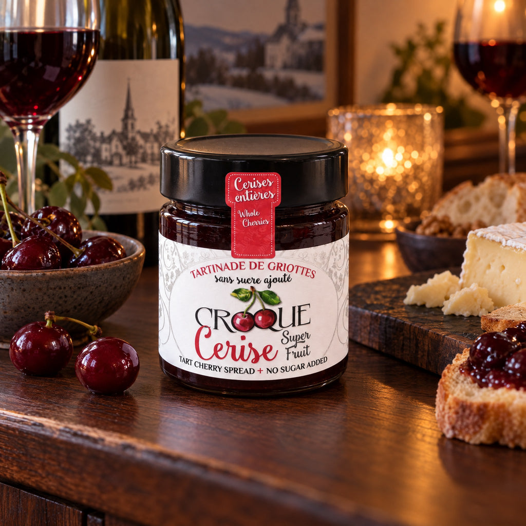Pot de tartinade de griottes sur une table en bois avec du vin rouge, du fromage et des cerises