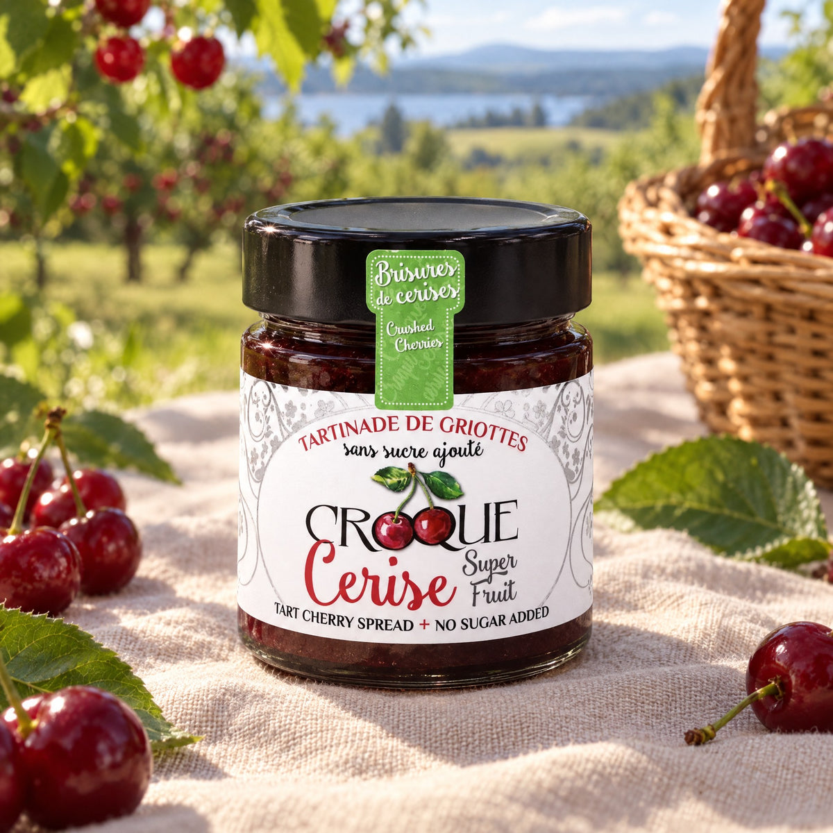 Pot de tartinade de griottes en brisures sur une nappe, avec cerises fraîches, vignes et lac en arrière-plan