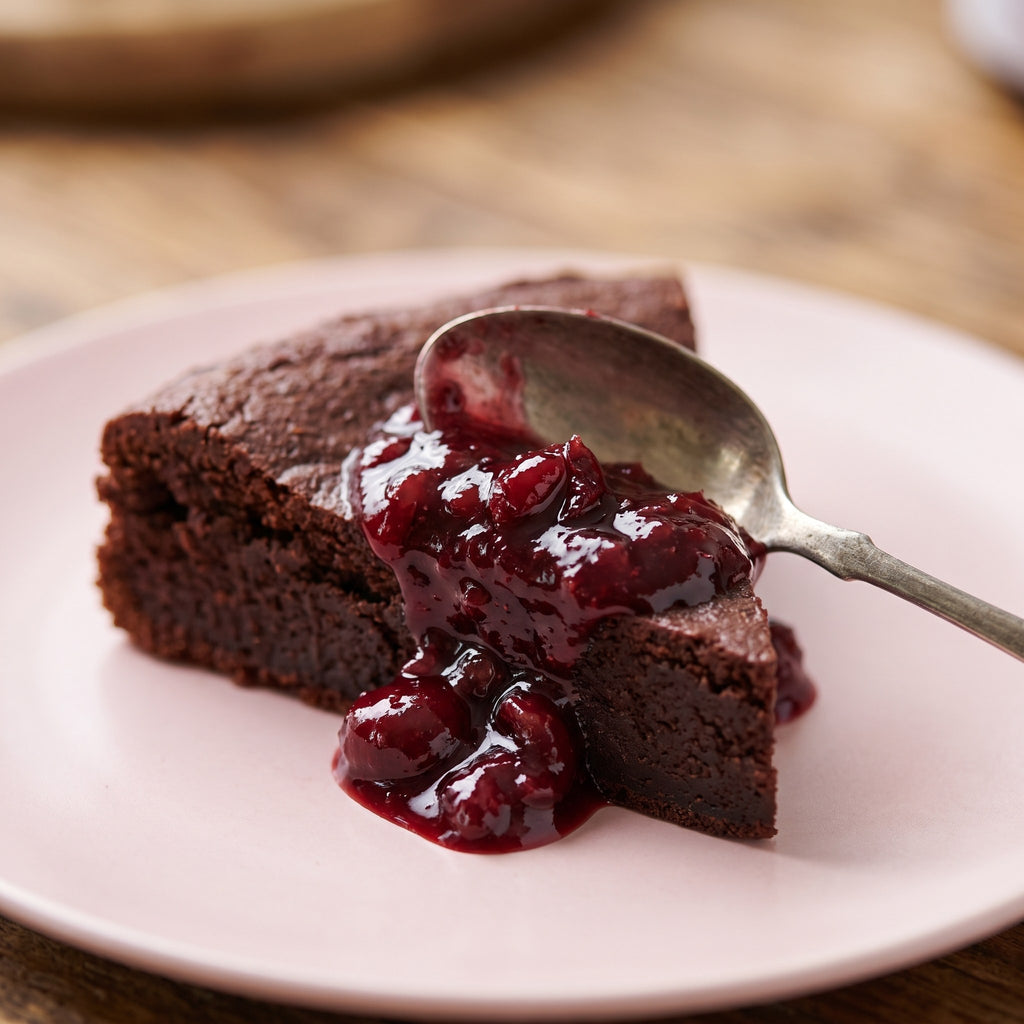Tartinade de griottes en brisures déposée sur une pointe de gâteau au chocolat dans une assiette rose