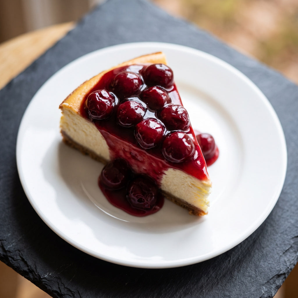 Une part de gâteau au fromage nappée de tartinade de griottes, servie sur une assiette blanche et un plateau d'ardoise