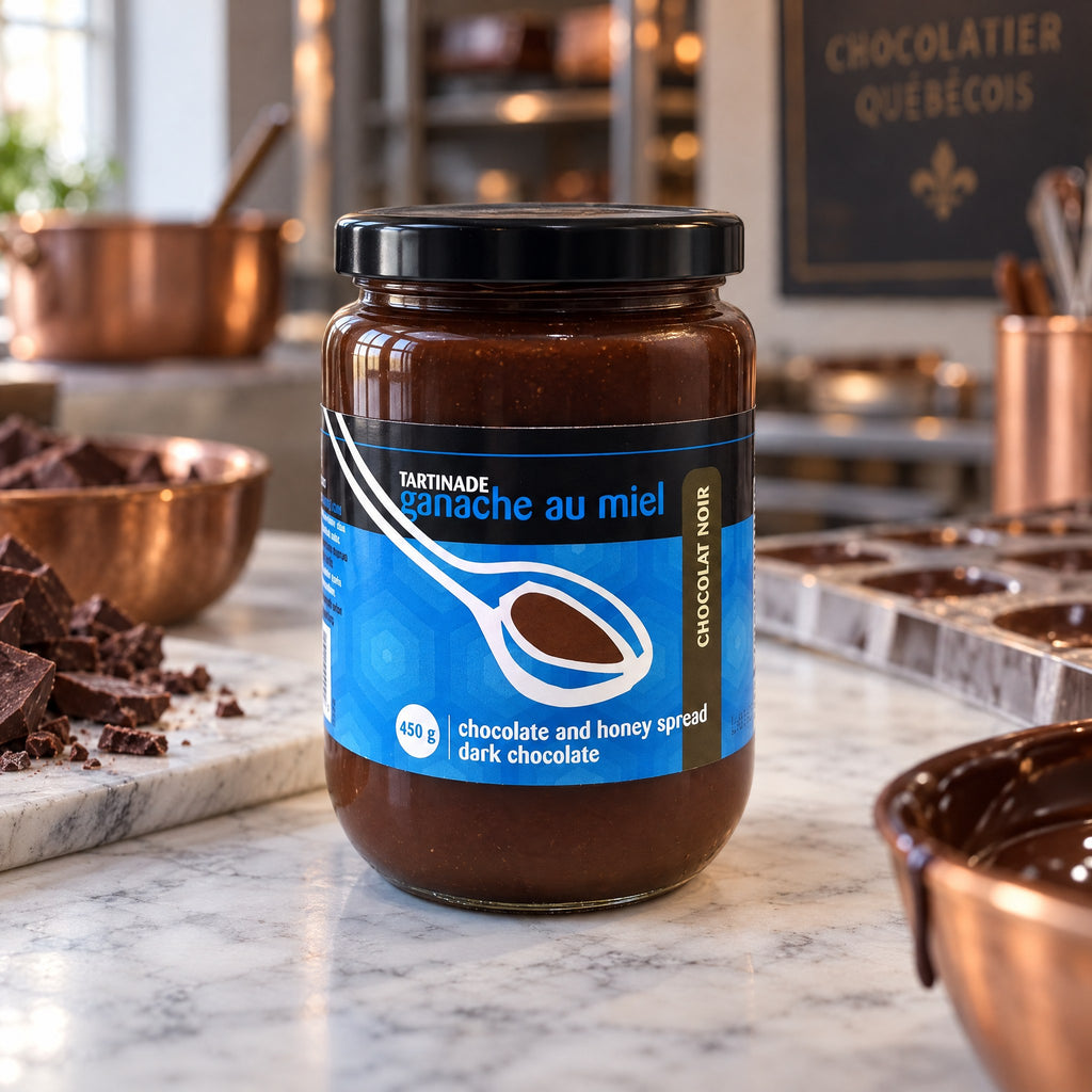 Pot de tartinade ganache au miel au chocolat noir sur un comptoir de marbre, avec copeaux de chocolat et bols en cuivre