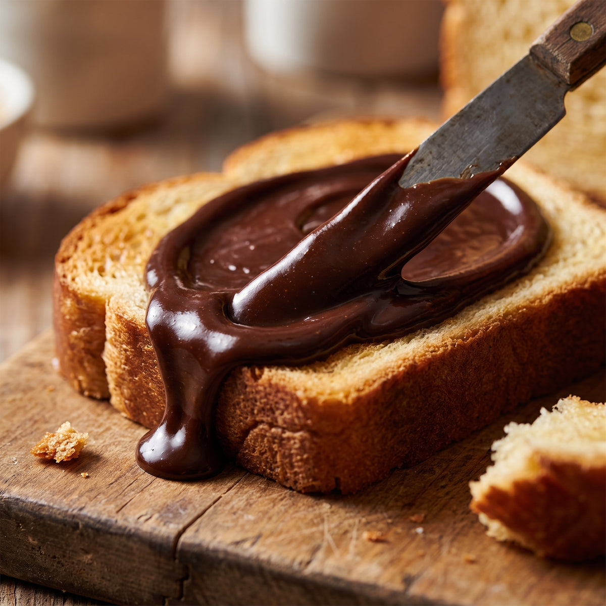 Tartinade ganache au miel étalée sur une tranche de pain grillé sur une planche de bois
