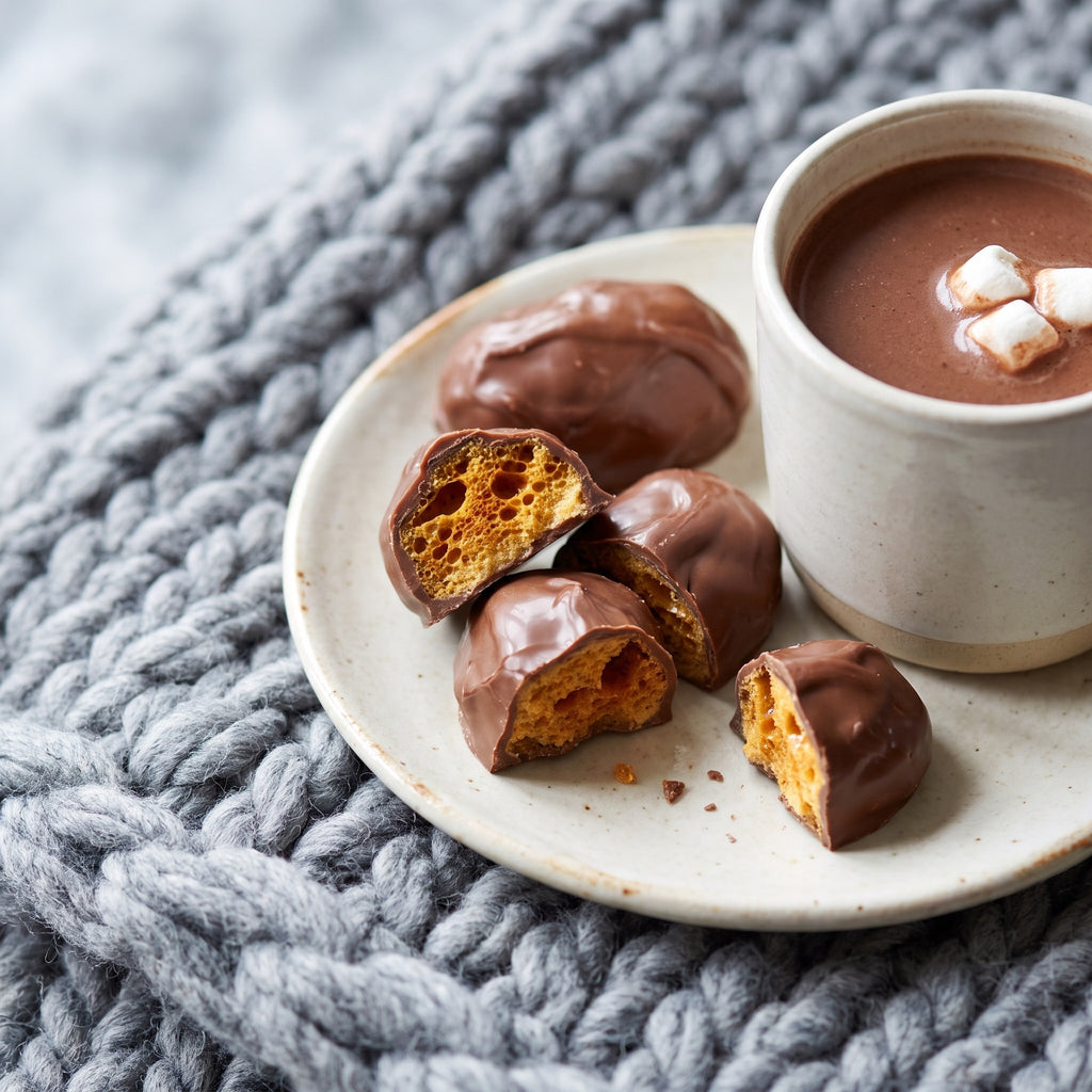 Tire éponge enrobé de chocolat en bouchées ouvertes sur une assiette, avec tasse de chocolat chaud et couvert tricoté