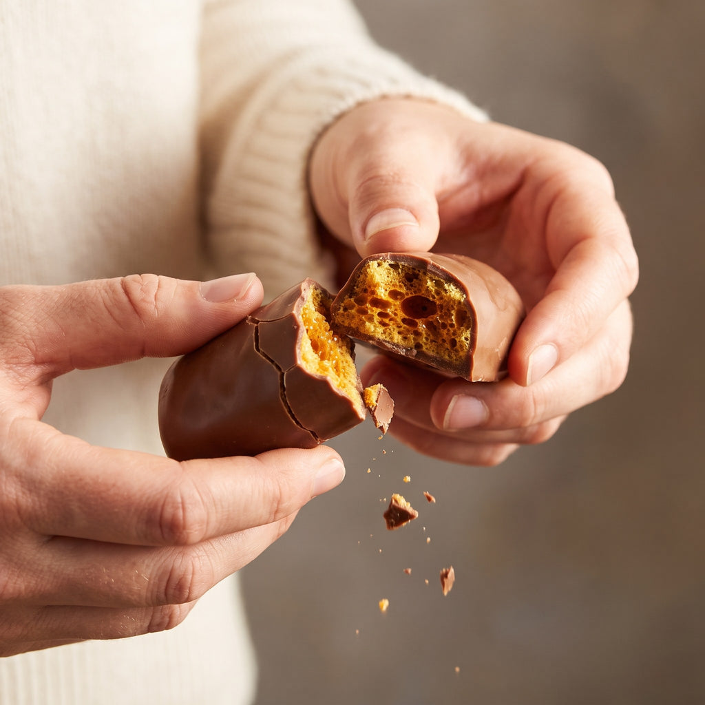 Deux mains cassent une tire éponge enrobée de chocolat, révélant un cœur alvéolé doré