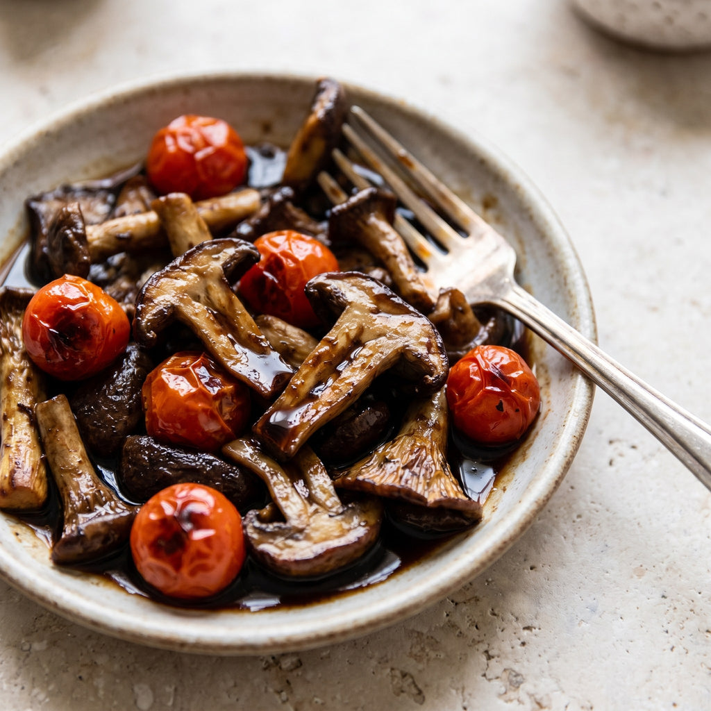 Vinaigre à l’ail noir sur champignons sautés et tomates cerises dans une assiette rustique, avec fourchette