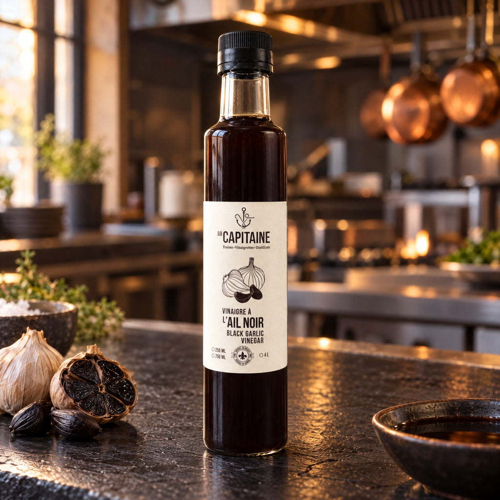 Bouteille de vinaigre à l’ail noir Le Capitaine posée sur un comptoir de cuisine avec bulbes d’ail noir