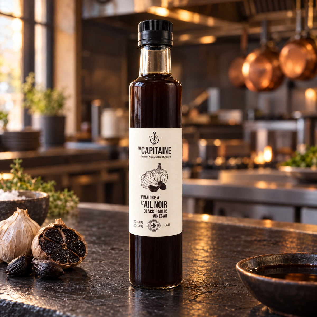 Bouteille de vinaigre à l’ail noir Le Capitaine posée sur un comptoir de cuisine avec bulbes d’ail noir