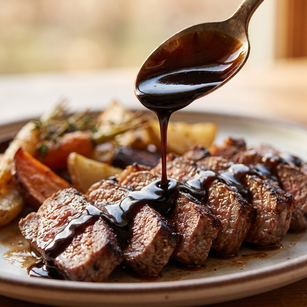 Vinaigre à l’ail noir versé sur un steak grillé tranché, avec pommes de terre rôties dans une assiette