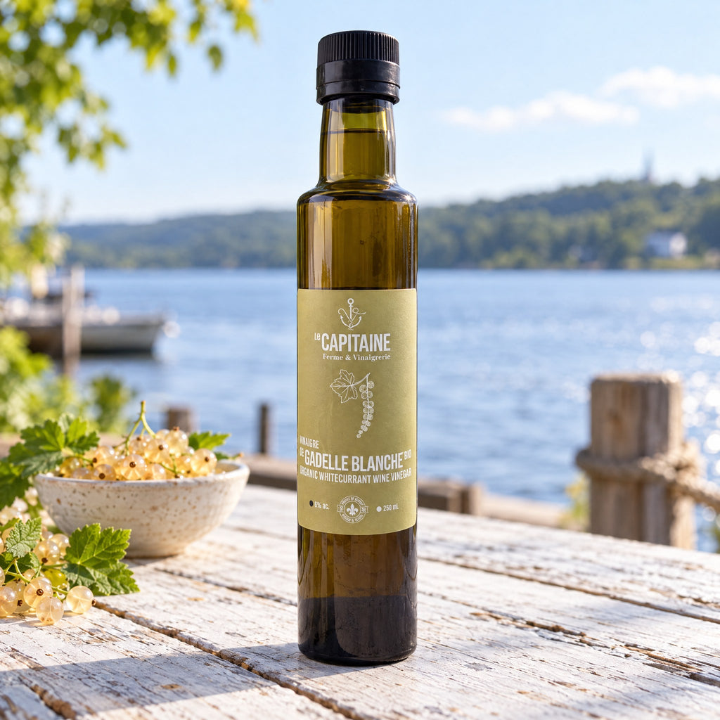 Bouteille de vinaigre gadelle blanche Le Capitaine sur une table de bois près d’un lac, avec bol de gadelles