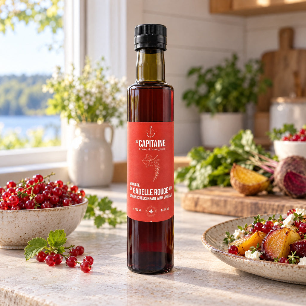 Bouteille de vinaigre gadelle rouge au centre d’une cuisine lumineuse, avec fruits rouges, plat garni et herbes fraîches