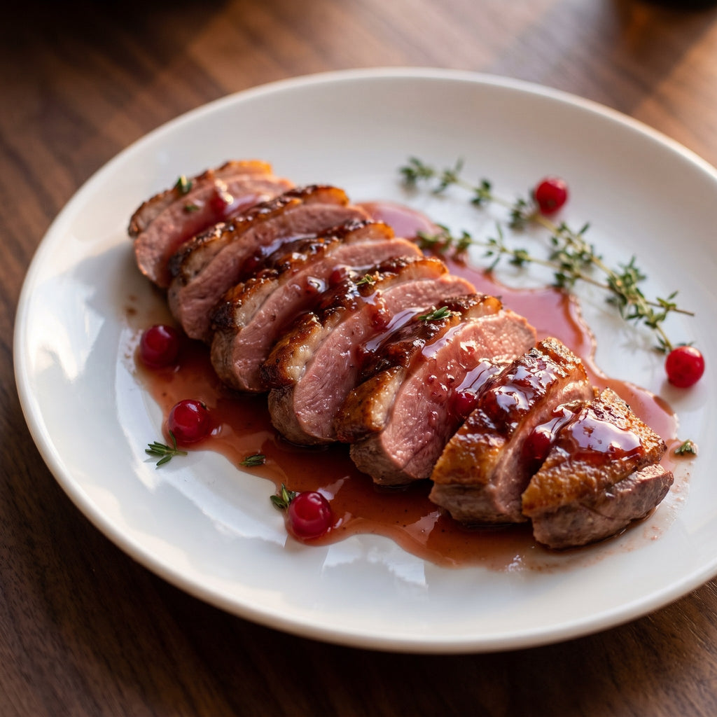 Magret de canard tranché nappé de vinaigre gadelle rouge, avec petites baies et thym sur assiette blanche