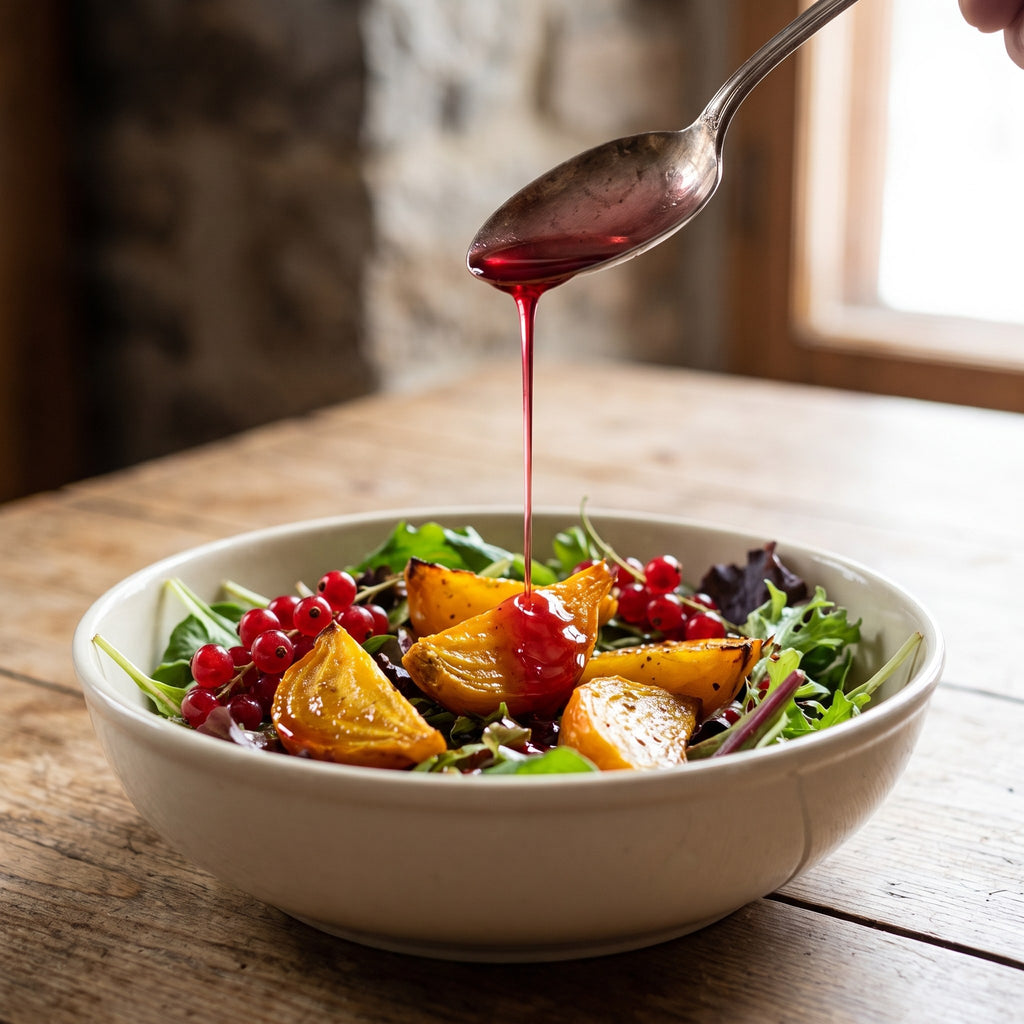 Vinaigre gadelle rouge versé sur une salade de jeunes pousses, raisins et courge rôtie dans un bol blanc