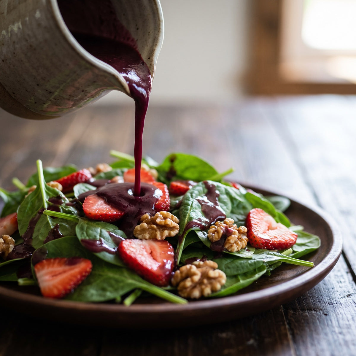 Vinaigrette à la camerise versée sur une salade d’épinards, fraises et noix sur une table en bois