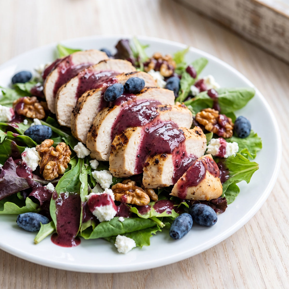 Salade de poulet grillé avec vinaigrette à la camerise, bleuets, noix, fromage et jeunes pousses
