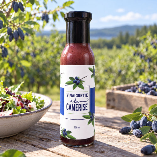Bouteille de vinaigrette à la camerise sur une table de bois, avec salade, camerises et verger en arrière-plan