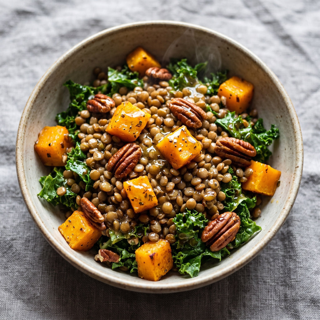 Bol de lentilles, courge rôtie et chou frisé garni de noix de pécan, arrosé de vinaigrette au sirop d'érable