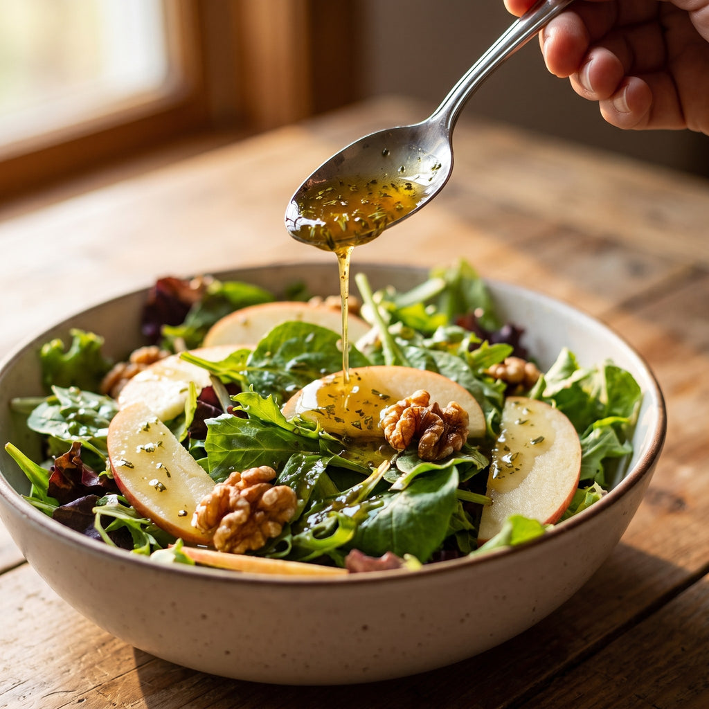 Vinaigrette au sirop d’érable versée sur une salade de verdures, pommes et noix dans un bol sur table de bois